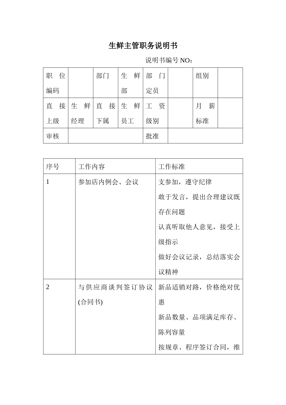 商场超市生鲜主管职务说明书_第1页