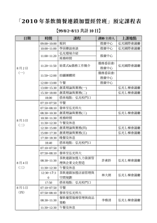 XXXX年茶饮简餐连锁加盟经营班预定课程表