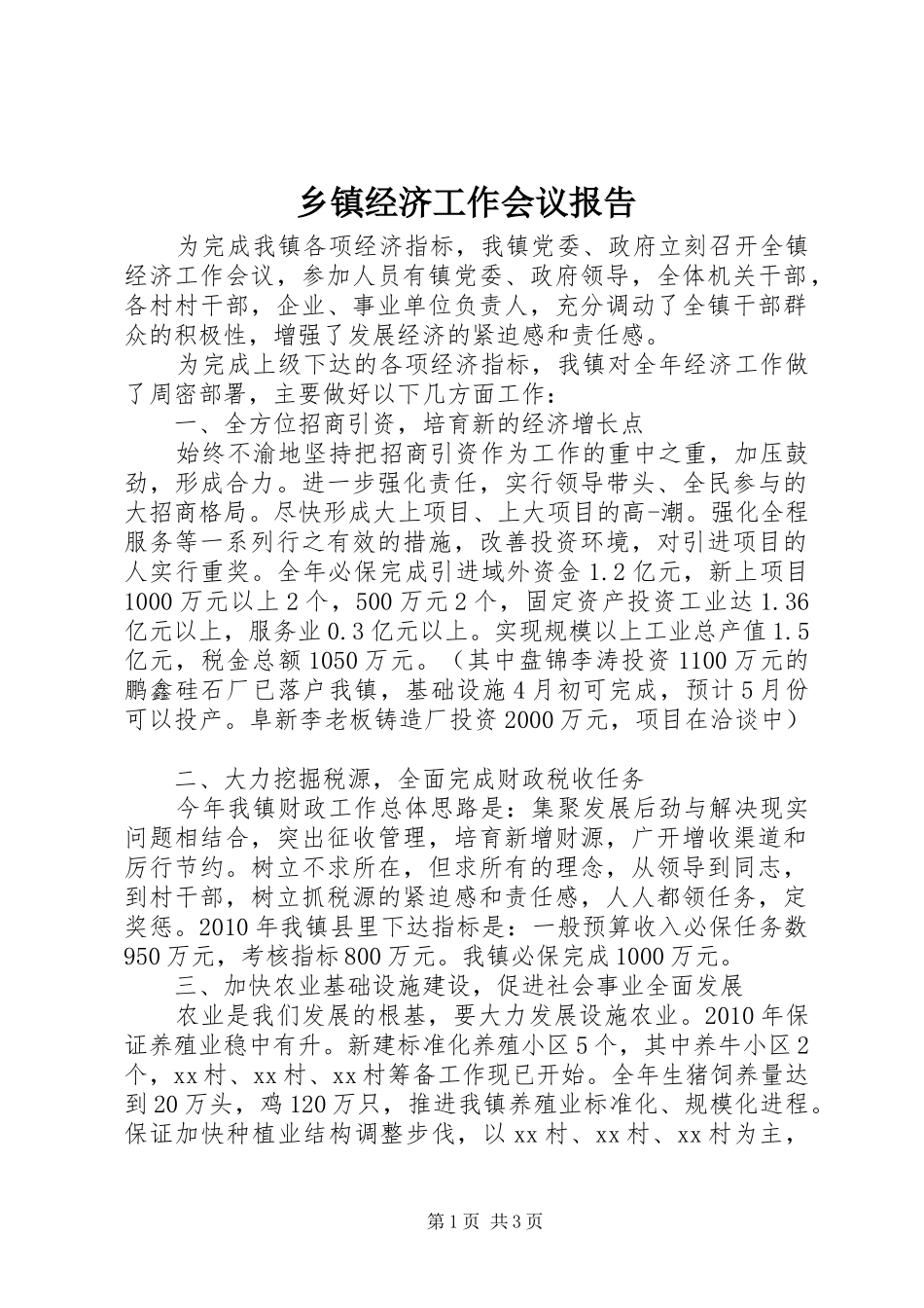 乡镇经济工作会议报告 _第1页