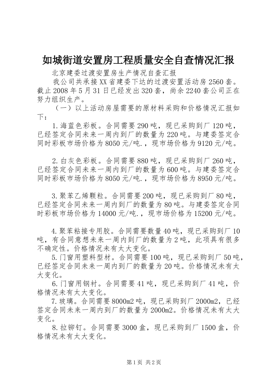 如城街道安置房工程质量安全自查情况汇报 _第1页