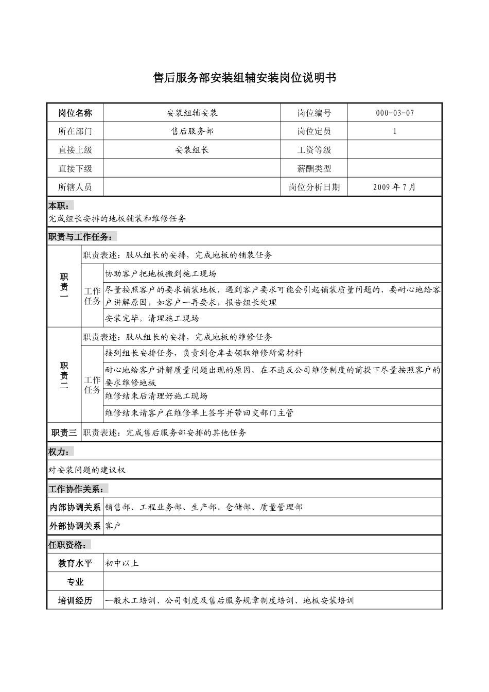 售后服务部安装组辅安装岗位说明书_第1页