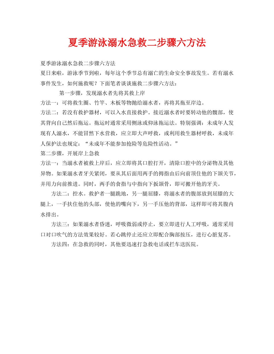 《安全常识-灾害防范》之夏季游泳溺水急救二步骤六方法 _第1页