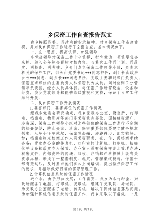乡保密工作自查报告范文 