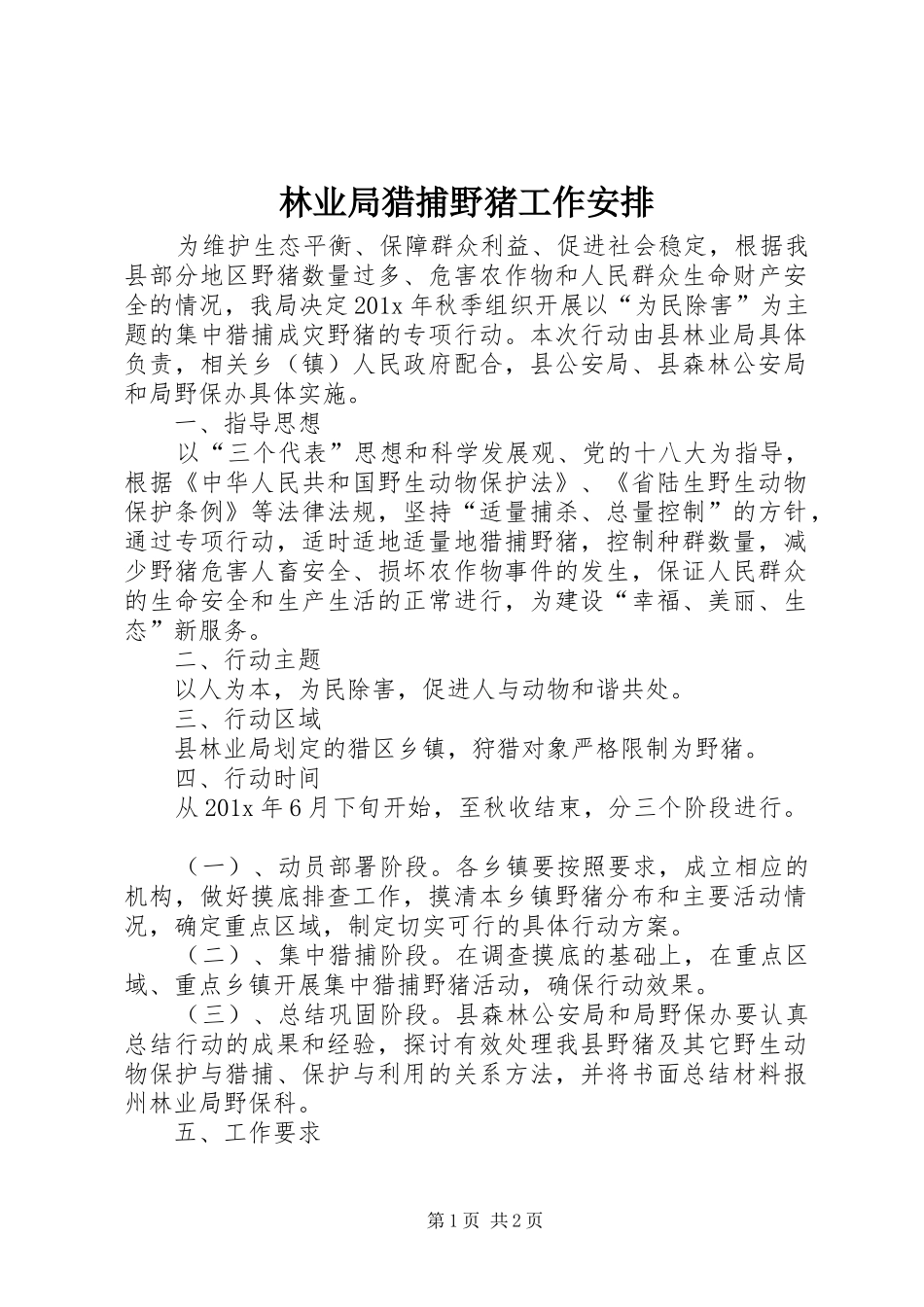 林业局猎捕野猪工作安排_第1页