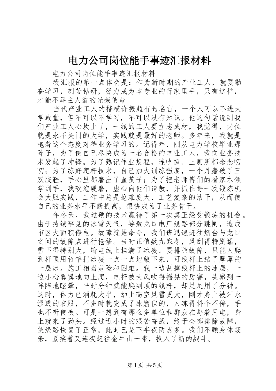 电力公司岗位能手事迹汇报材料 _第1页