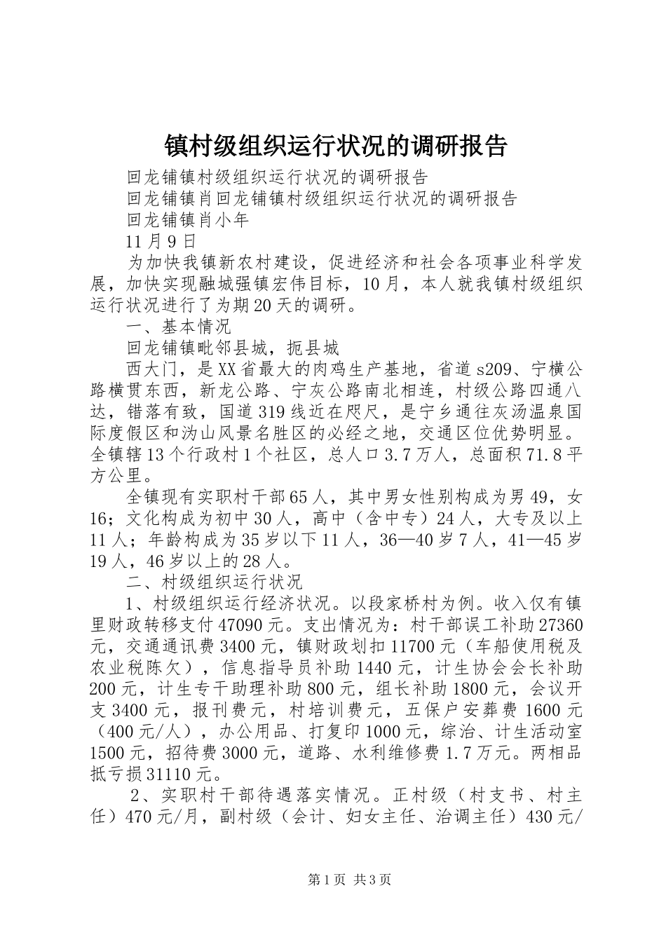 镇村级组织运行状况的调研报告 _第1页