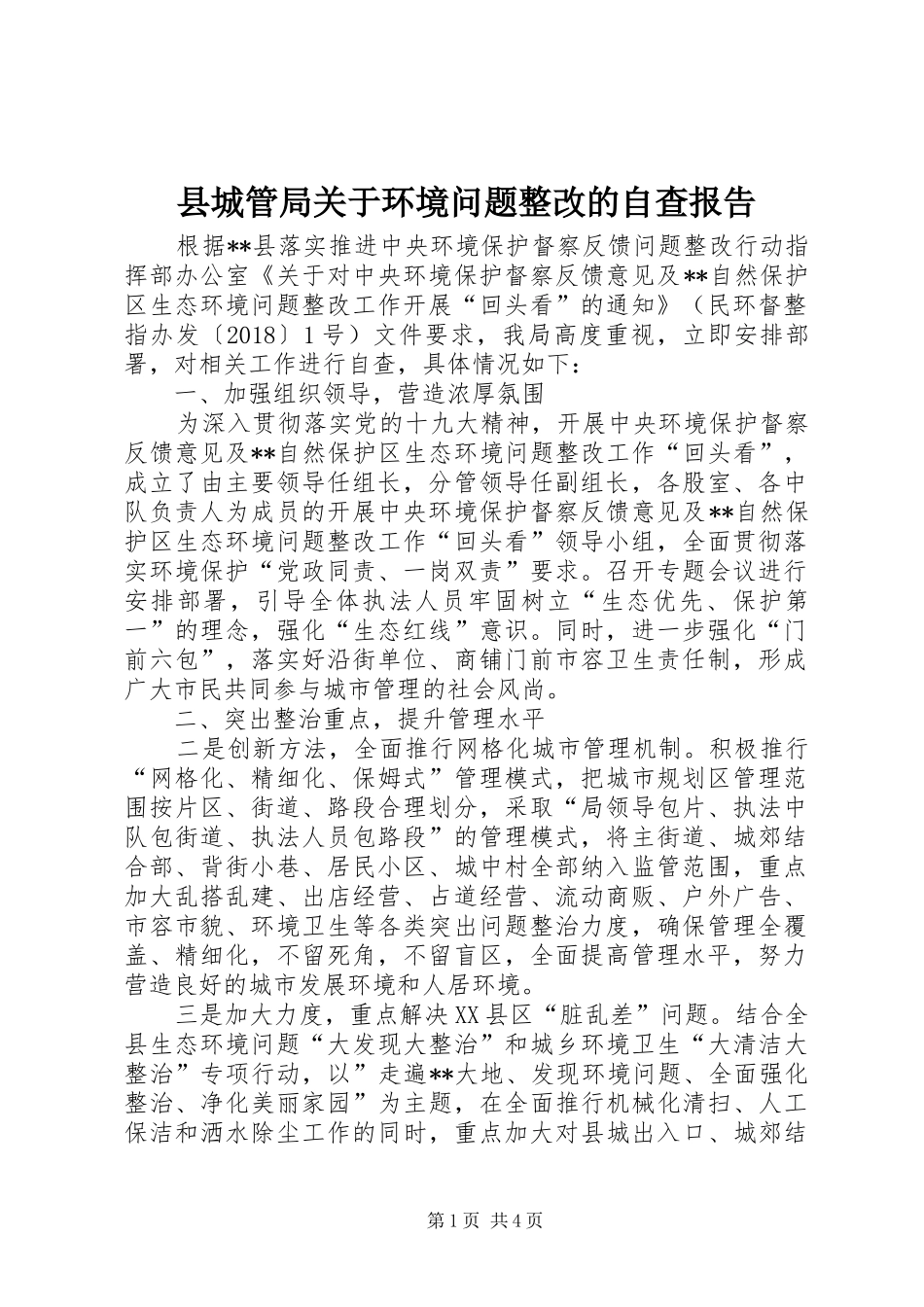 县城管局关于环境问题整改的自查报告 _第1页