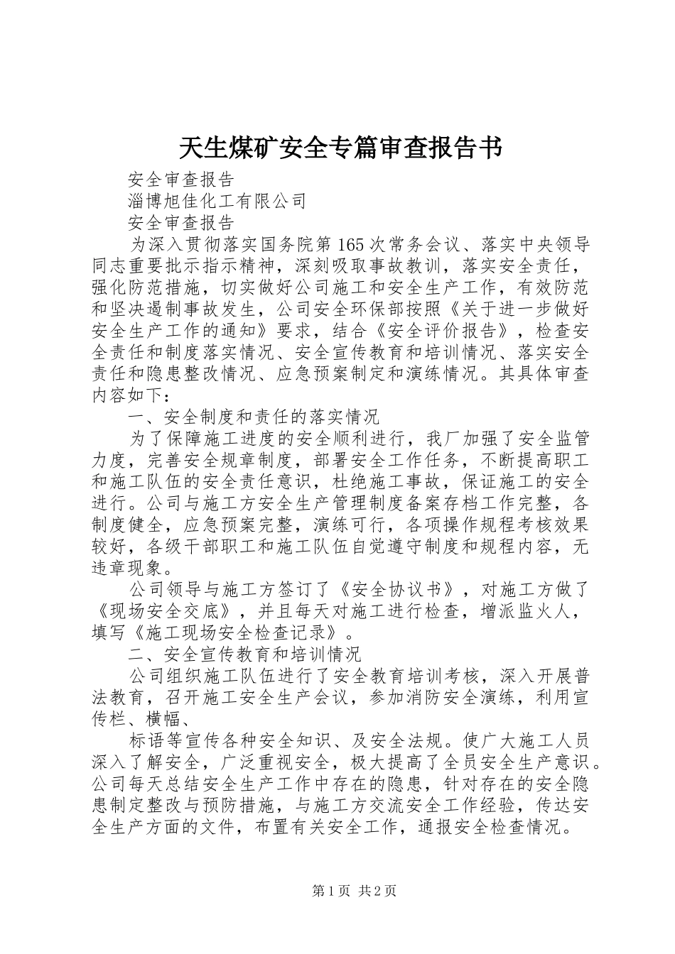 天生煤矿安全专篇审查报告书 _第1页