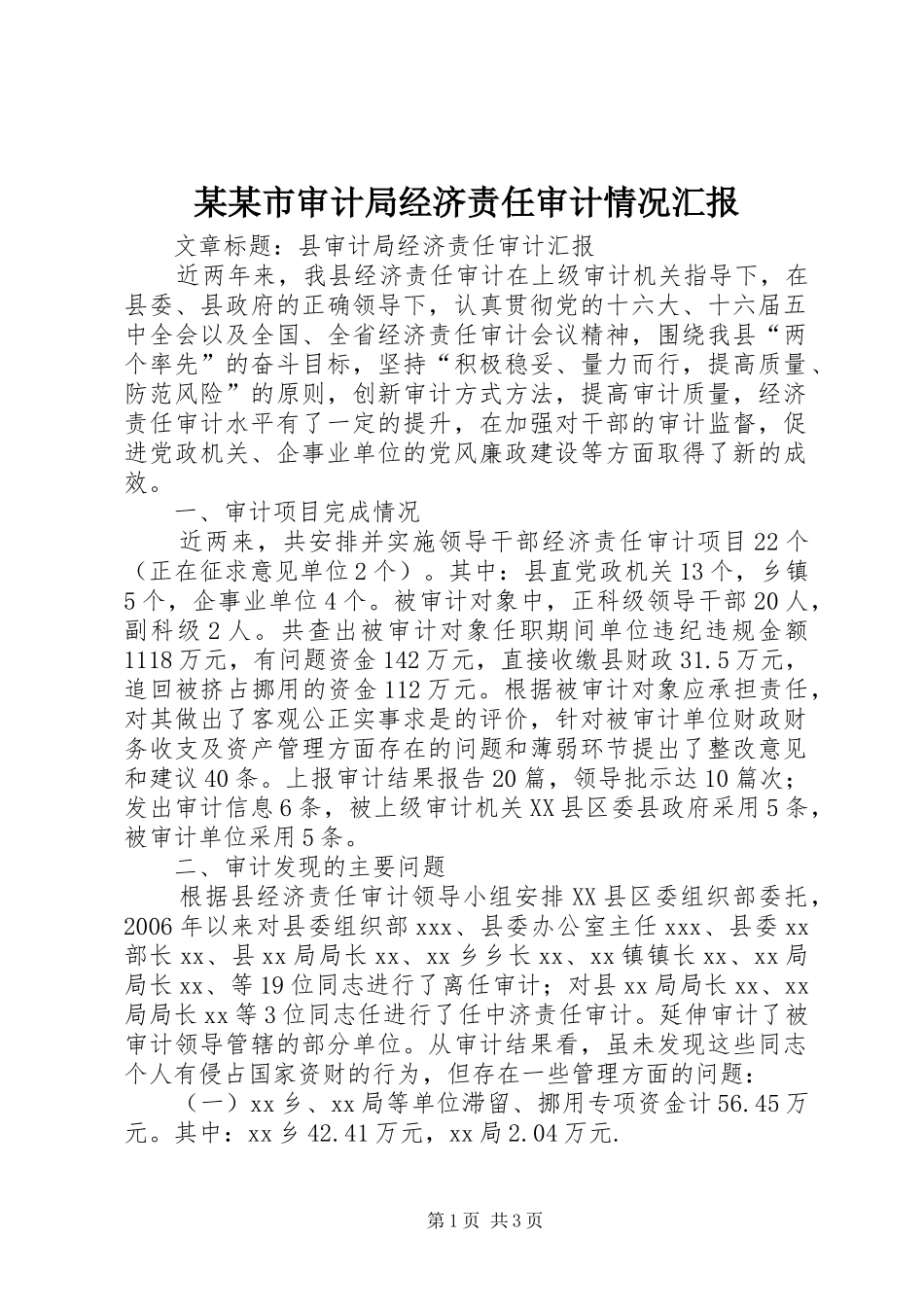 某某市审计局经济责任审计情况汇报 _第1页