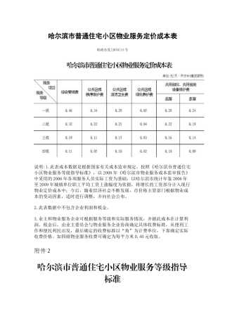 哈尔滨市普通住宅小区物业服务定价成本表
