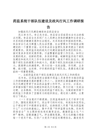药监系统干部队伍建设及政风行风工作调研报告 