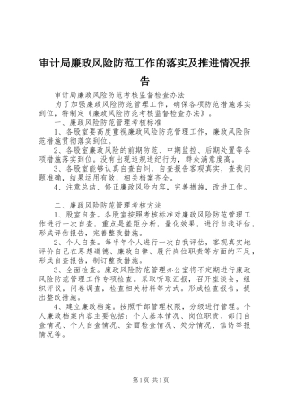 审计局廉政风险防范工作的落实及推进情况报告 
