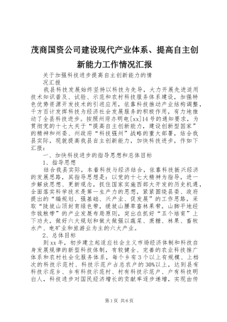 茂商国资公司建设现代产业体系、提高自主创新能力工作情况汇报 