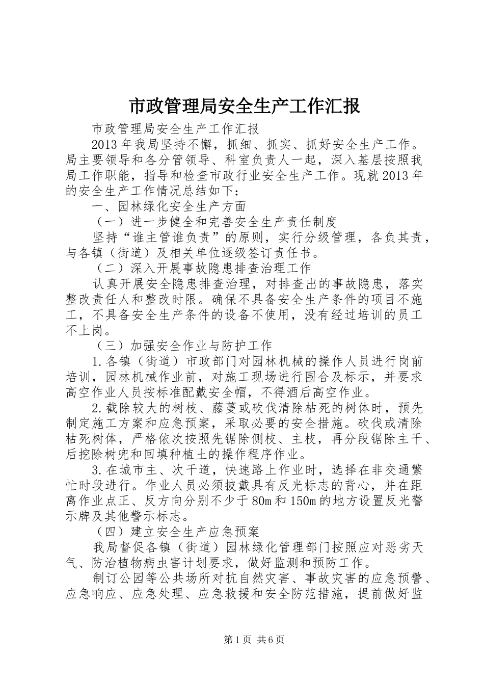 市政管理局安全生产工作汇报 _第1页