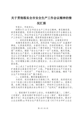 关于贯彻落实全市安全生产工作会议精神的情况汇报 