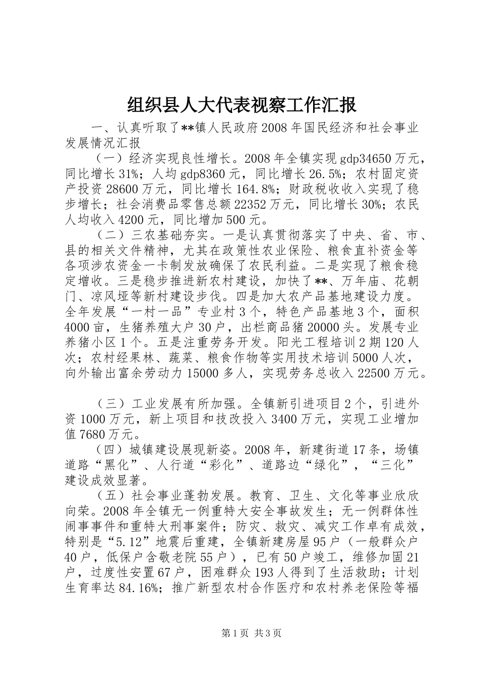 组织县人大代表视察工作汇报 _第1页