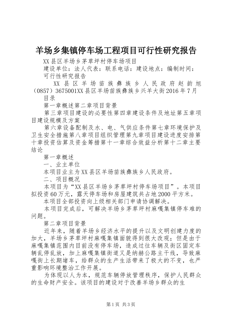 羊场乡集镇停车场工程项目可行性研究报告 _第1页