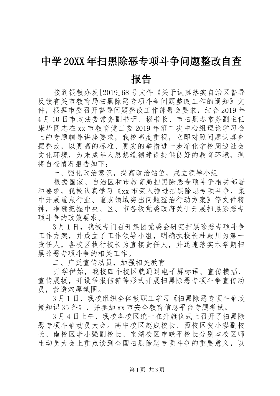 中学20XX年扫黑除恶专项斗争问题整改自查报告 (3)_第1页