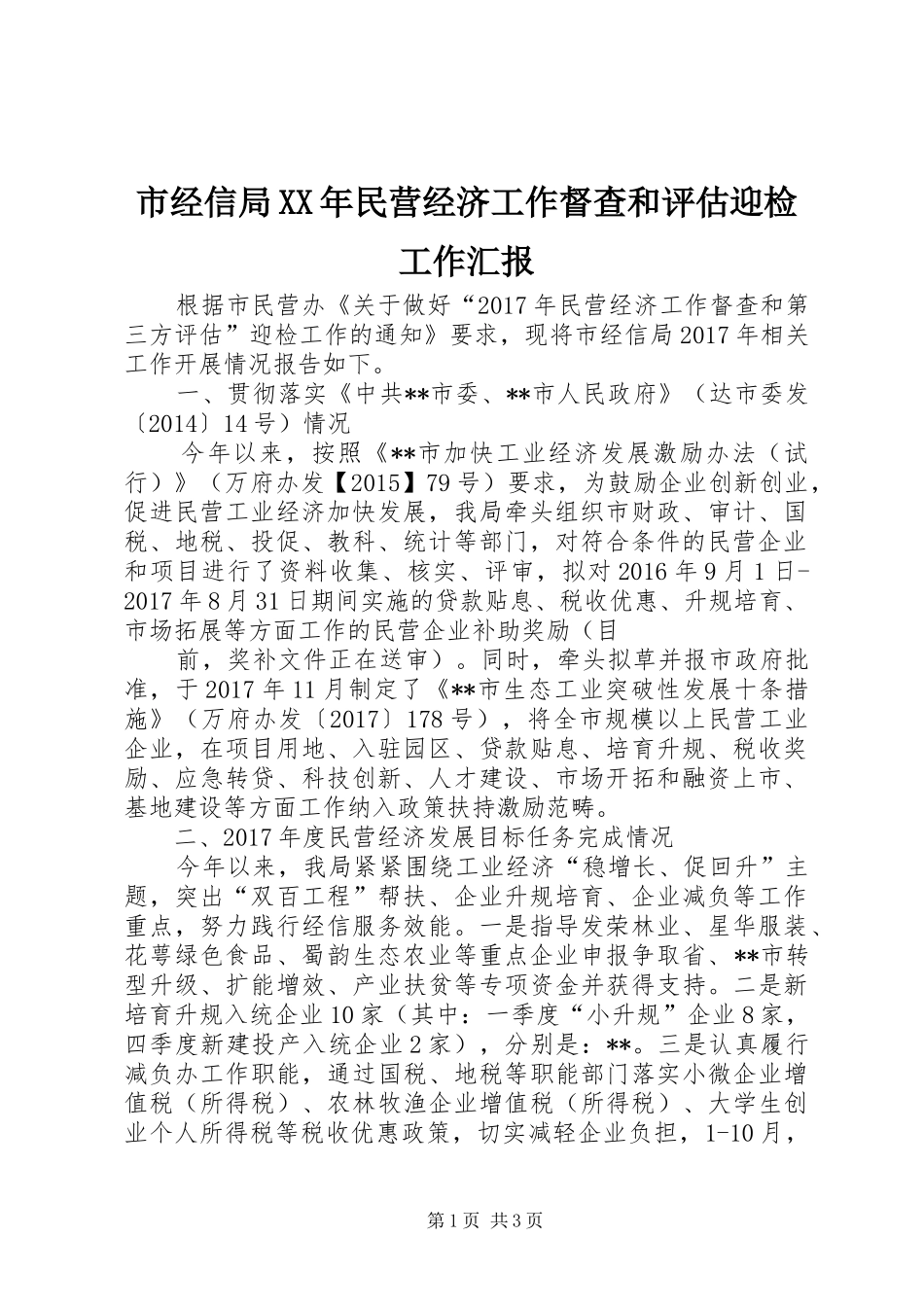 市经信局XX年民营经济工作督查和评估迎检工作汇报 _第1页