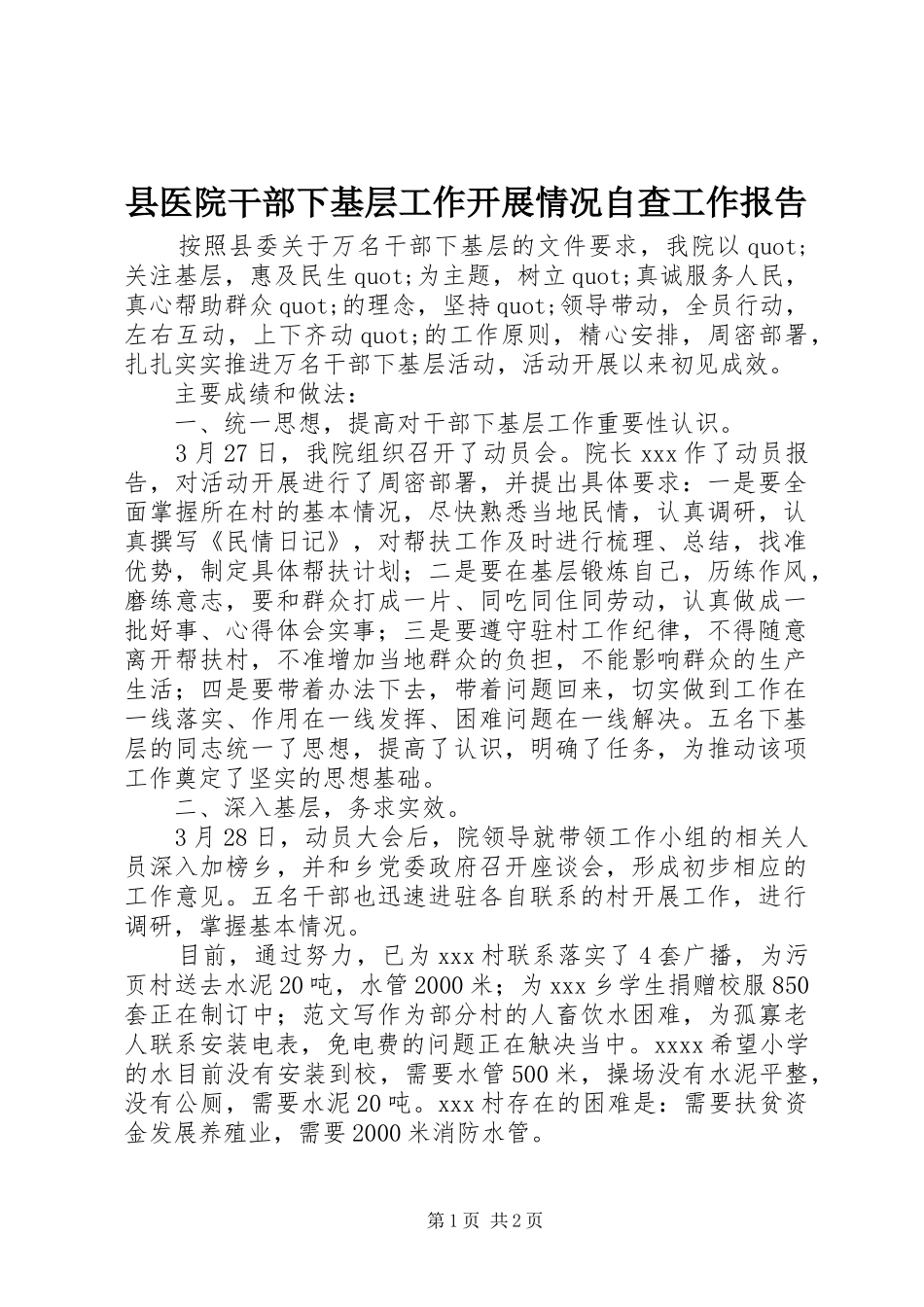 县医院干部下基层工作开展情况自查工作报告 _第1页