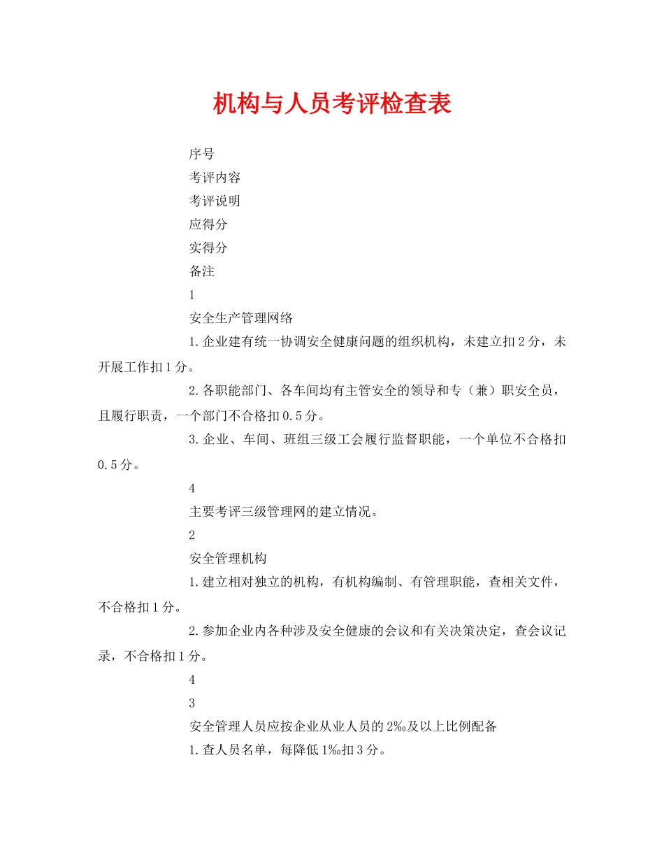 《安全管理》之机构与人员考评检查表 _第1页