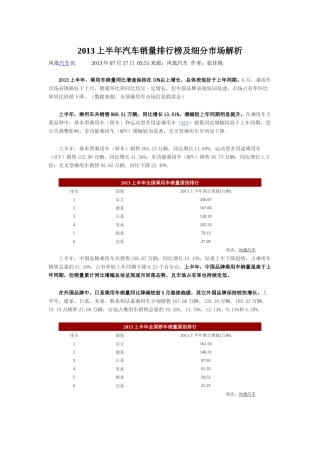XXXX上半年汽车销量排行榜及细分市场解析