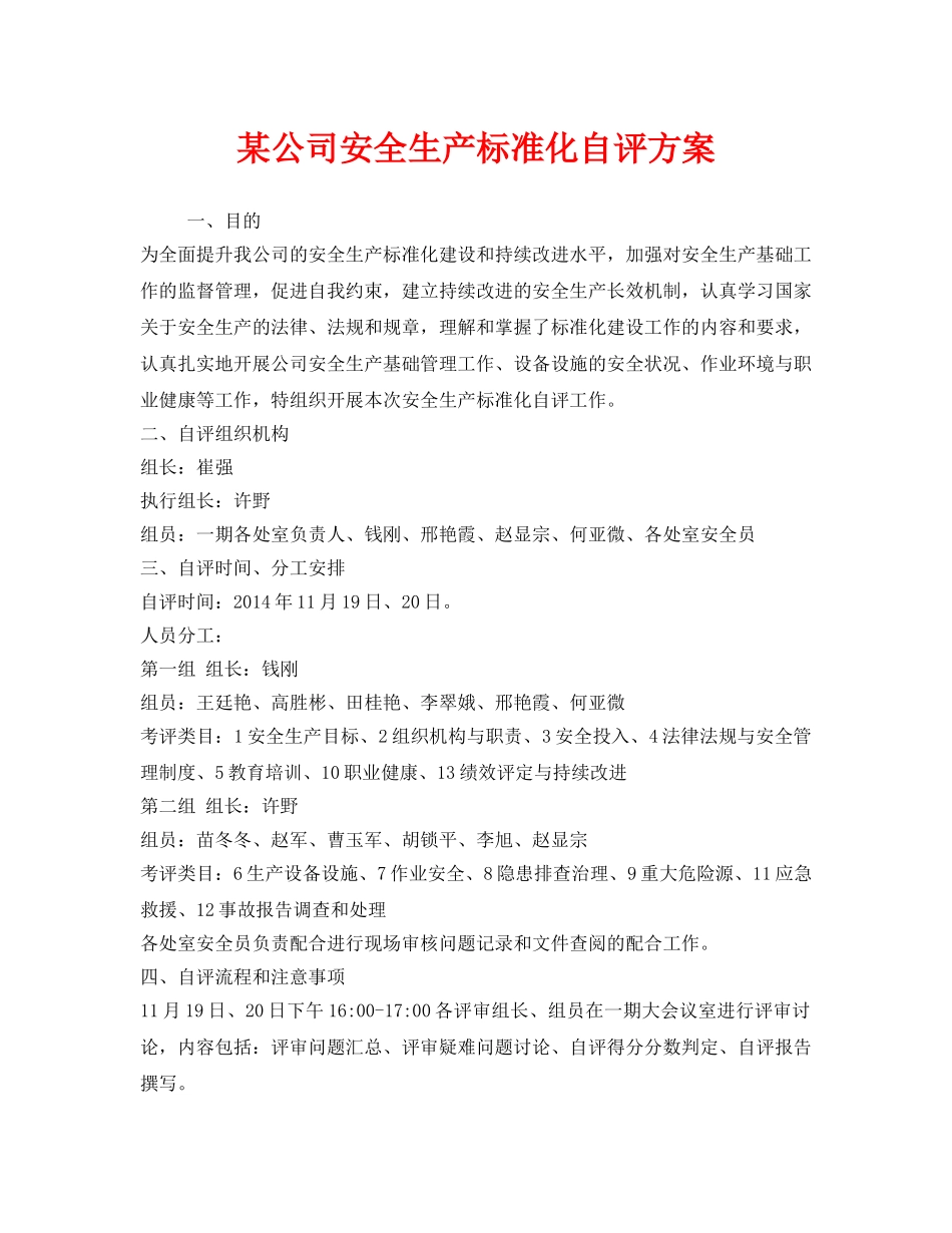 《安全管理文档》之某公司安全生产标准化自评方案 _第1页