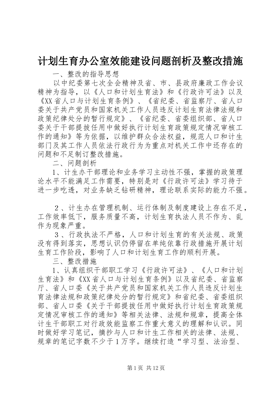 计划生育办公室效能建设问题剖析及整改措施_第1页