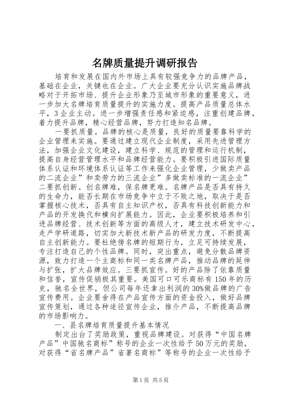 名牌质量提升调研报告 _第1页