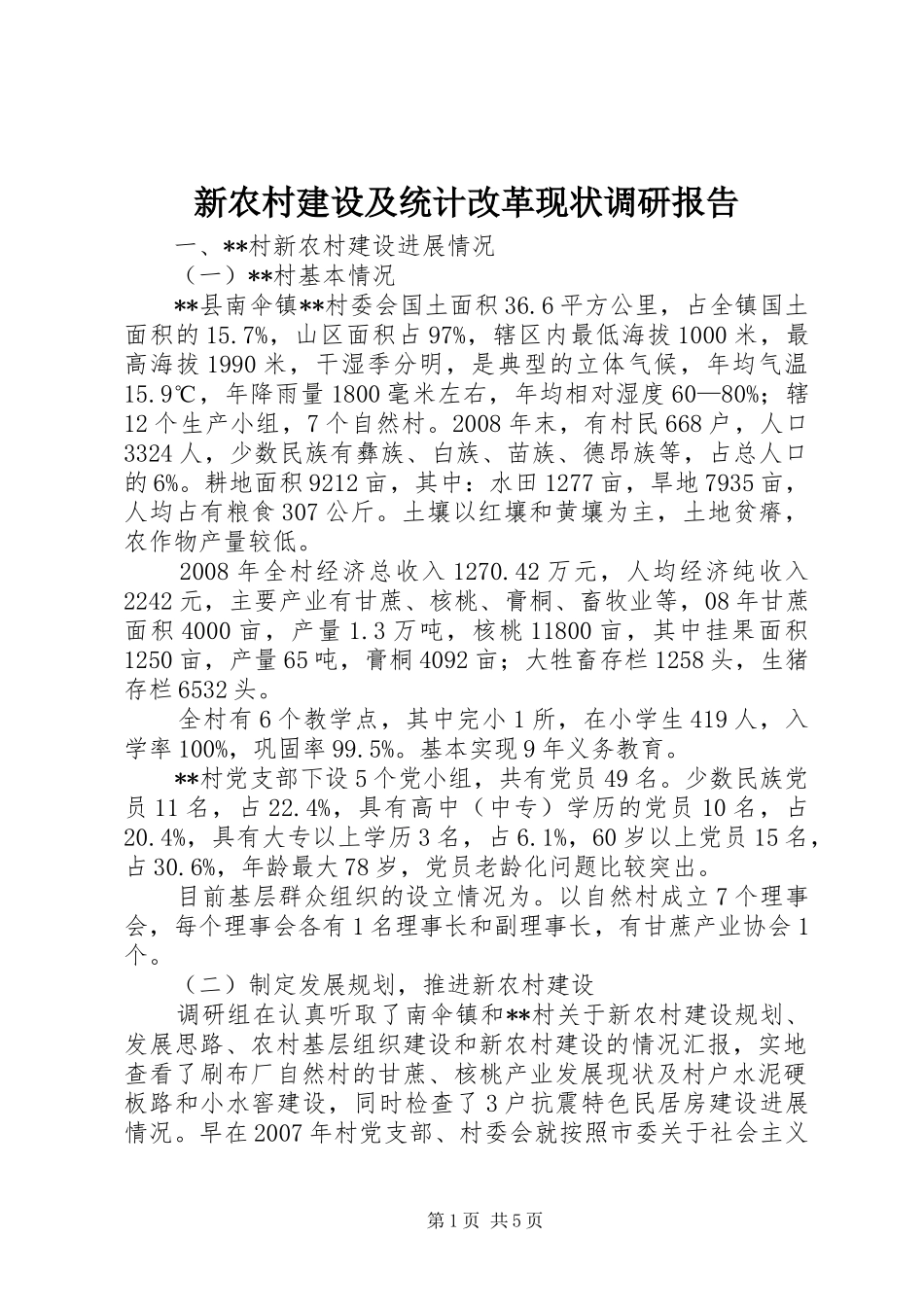 新农村建设及统计改革现状调研报告 _第1页