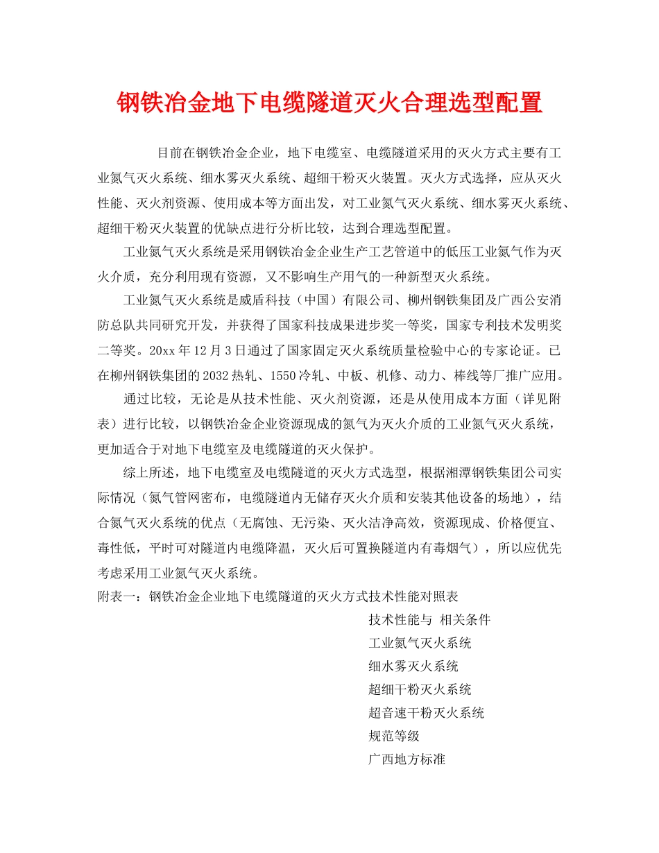 《安全管理》之钢铁冶金地下电缆隧道灭火合理选型配置 _第1页