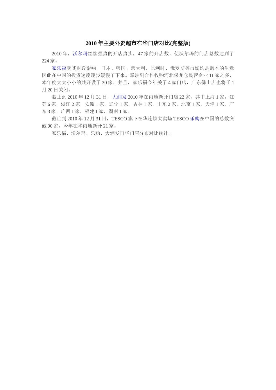 XXXX年主要外资超市在华门店对比及门店分布_第1页