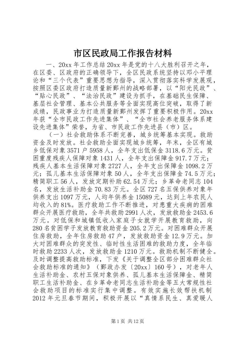 市区民政局工作报告材料 _第1页