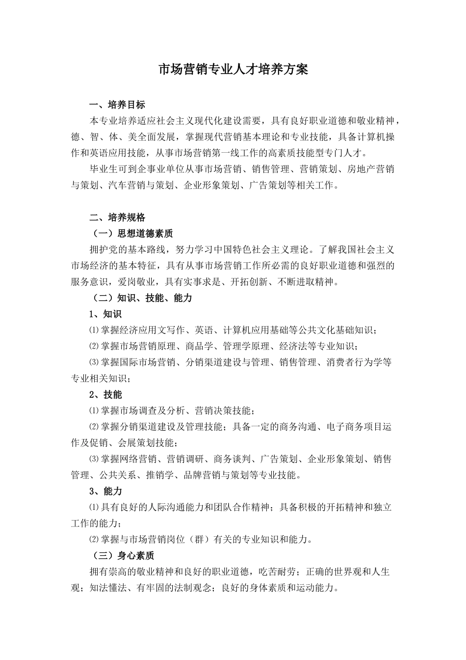 市场营销专业人才培养方案-市场营销专业人才培养方案_第1页