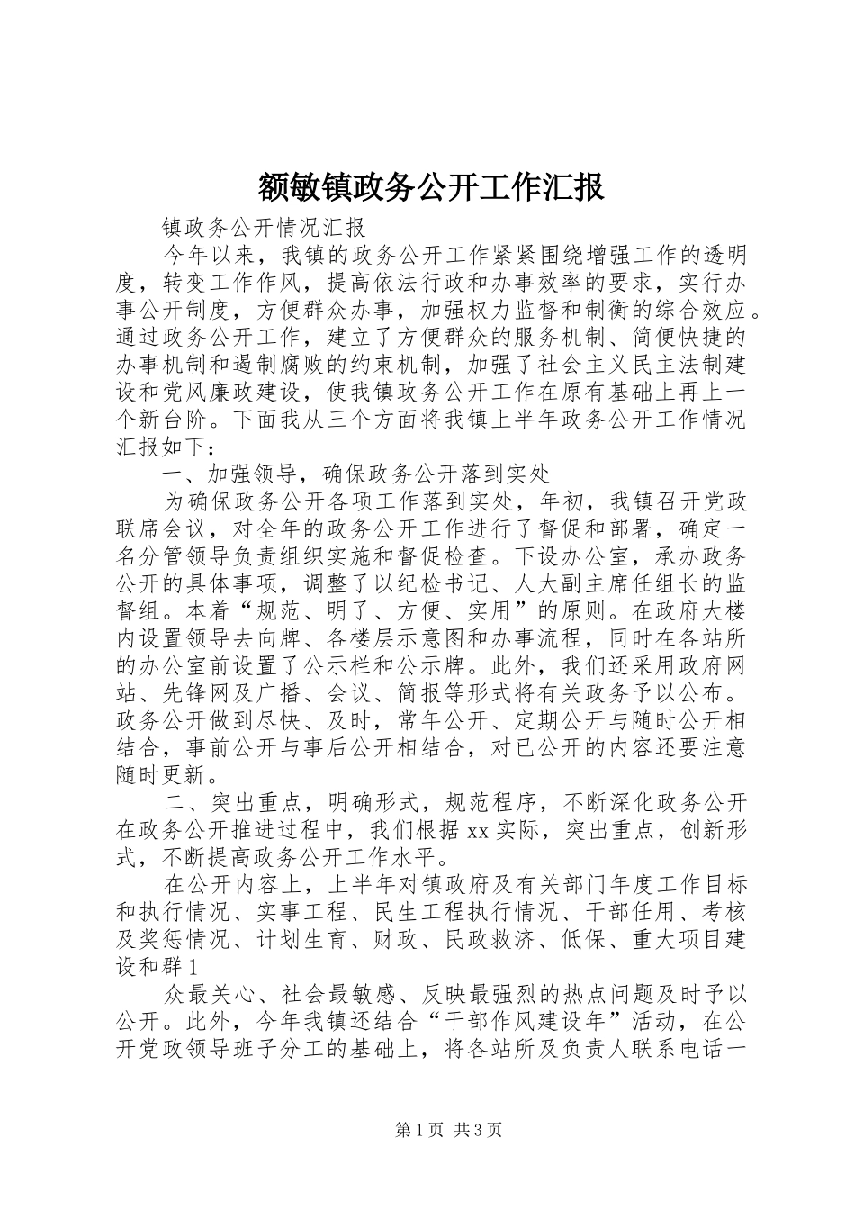 额敏镇政务公开工作汇报 _第1页