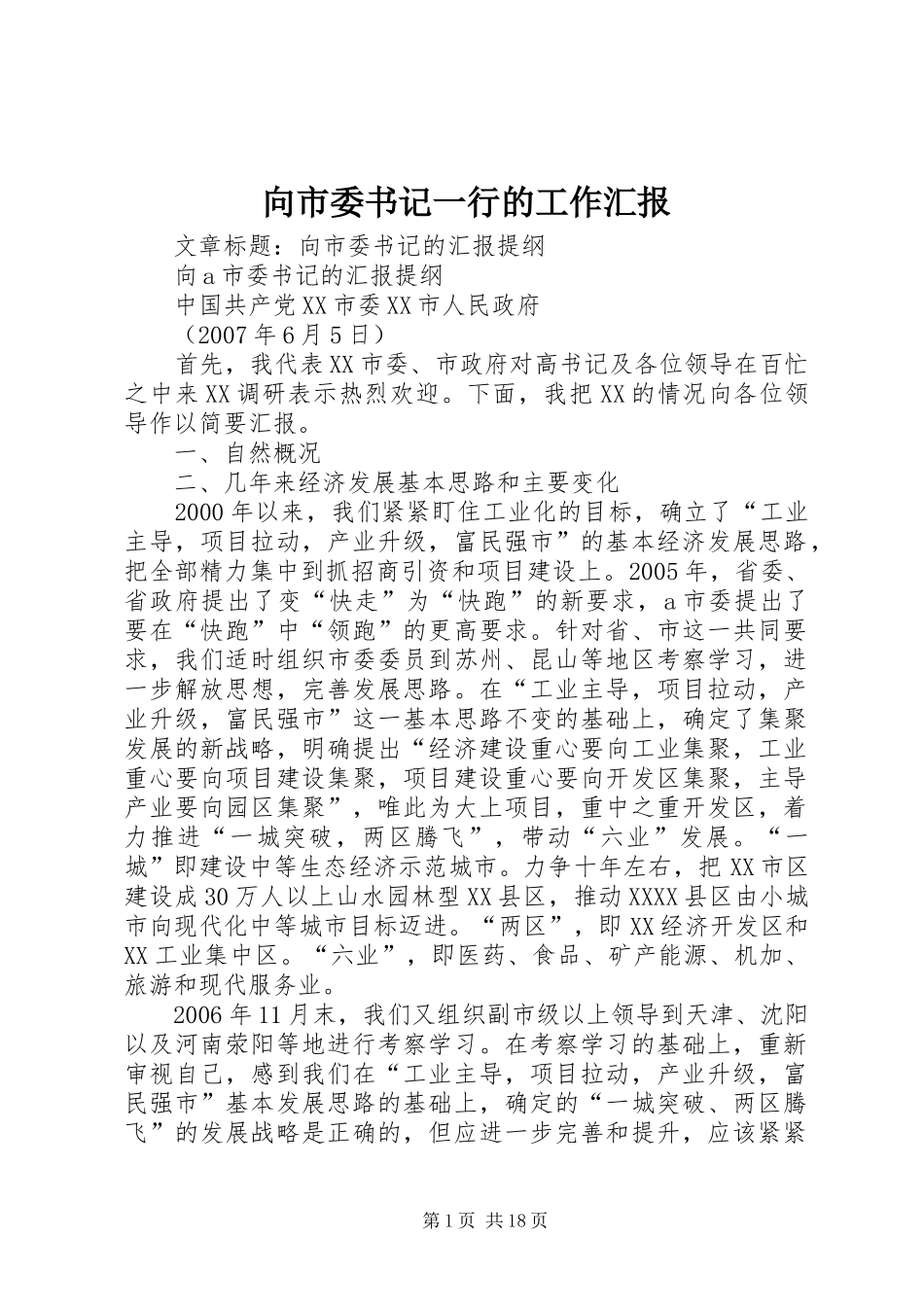 向市委书记一行的工作汇报 _第1页