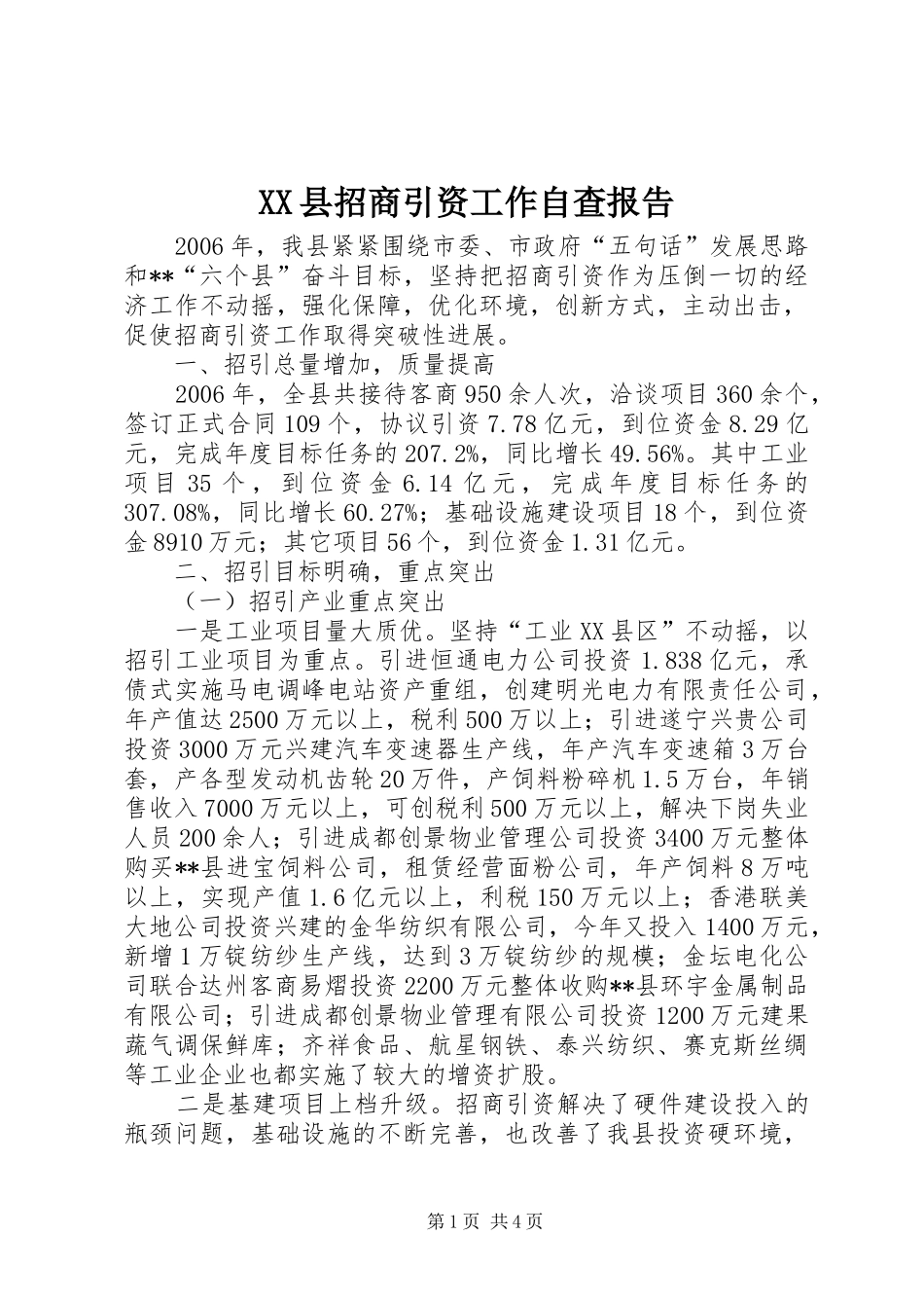 XX县招商引资工作自查报告 _第1页