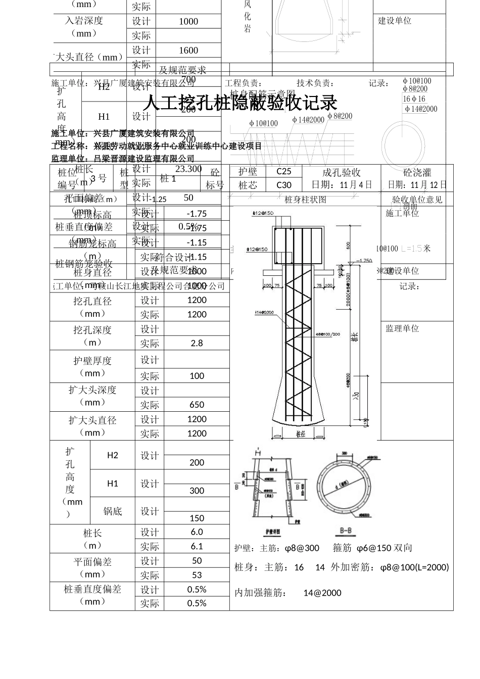人工挖孔桩隐蔽验收记录(兴县劳动就业服务中心就业训练中心建设项目10)_第3页