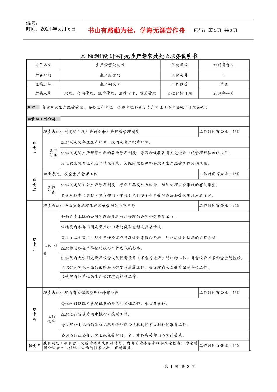 某勘测设计研究院生产经营处处长职务说明书_第1页