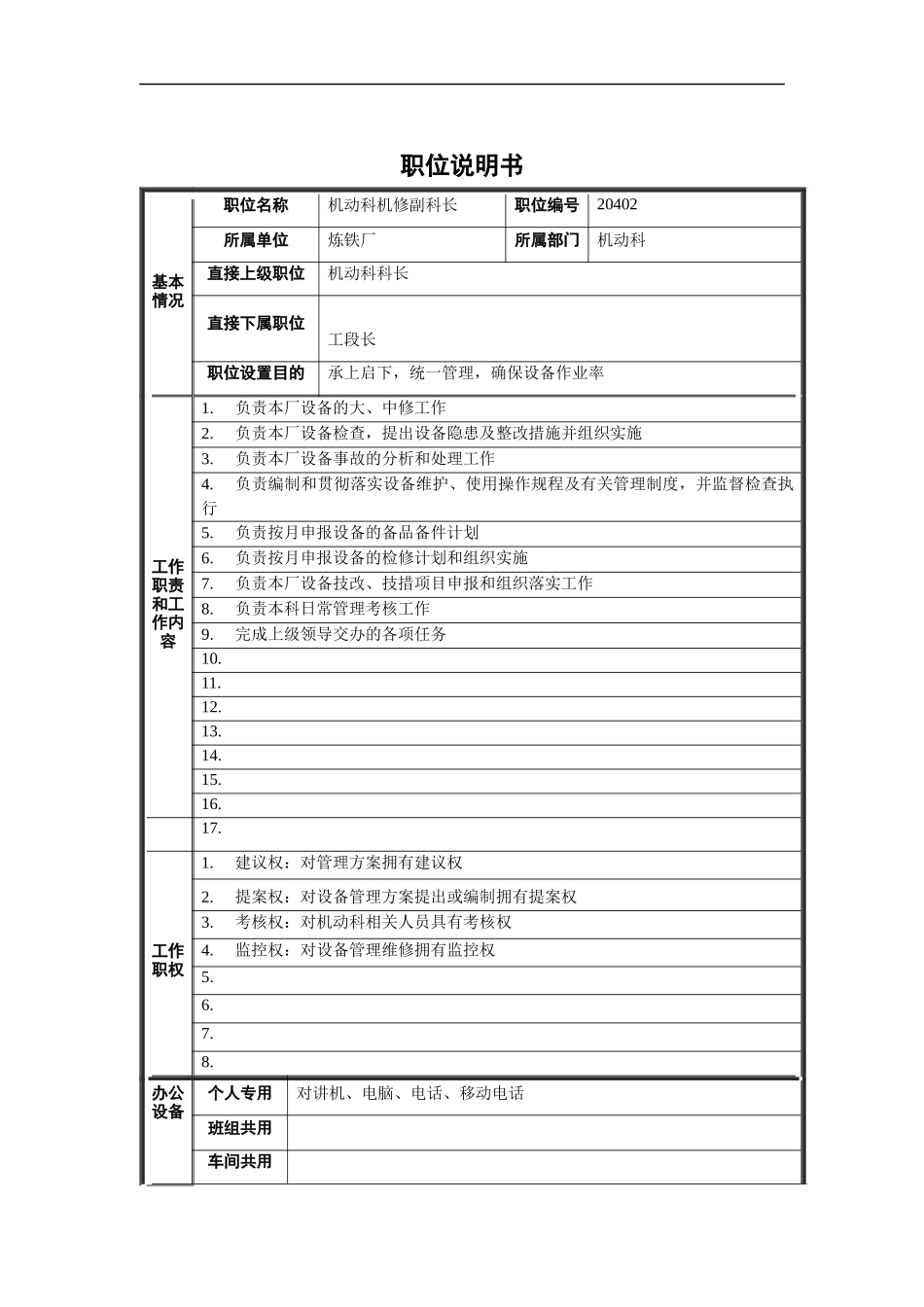 炼铁厂机动科机修副科长职位说明书_第1页