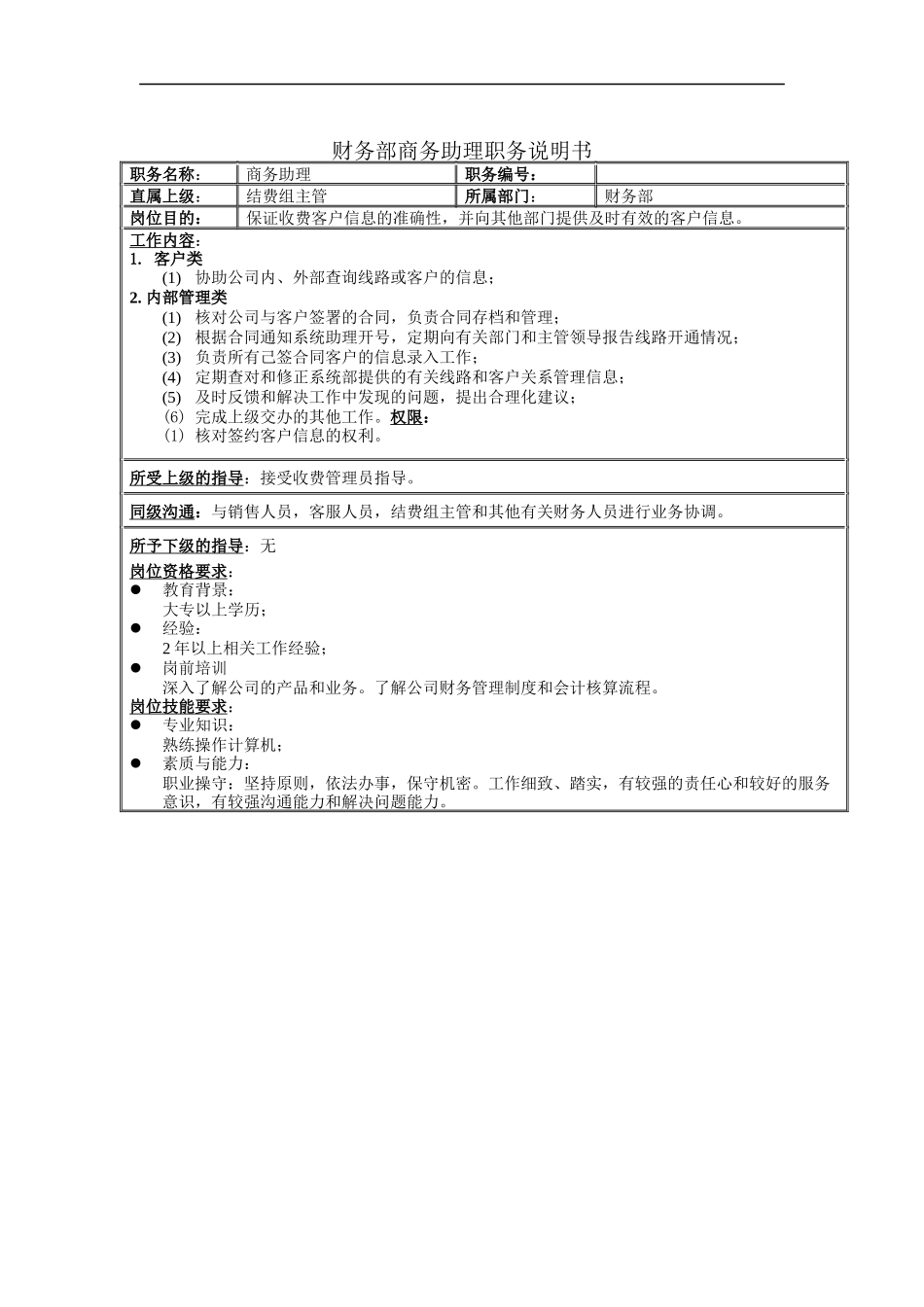财务部商务助理职务说明书_第1页