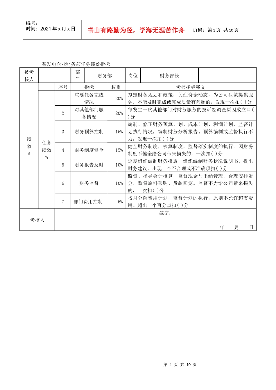 某发电企业财务部任务绩效指标_第1页