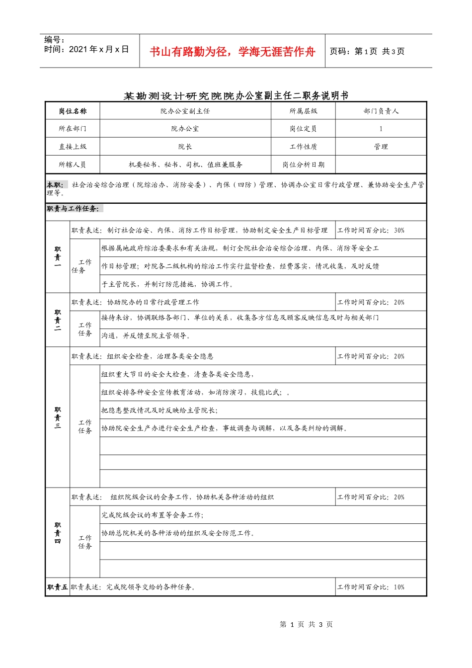 某勘测设计研究院院办公室副主任二职务说明书_第1页