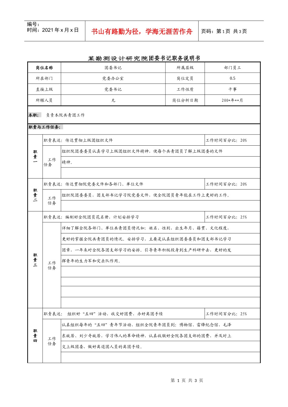 某勘院测设计研究团委书记职务说明书_第1页