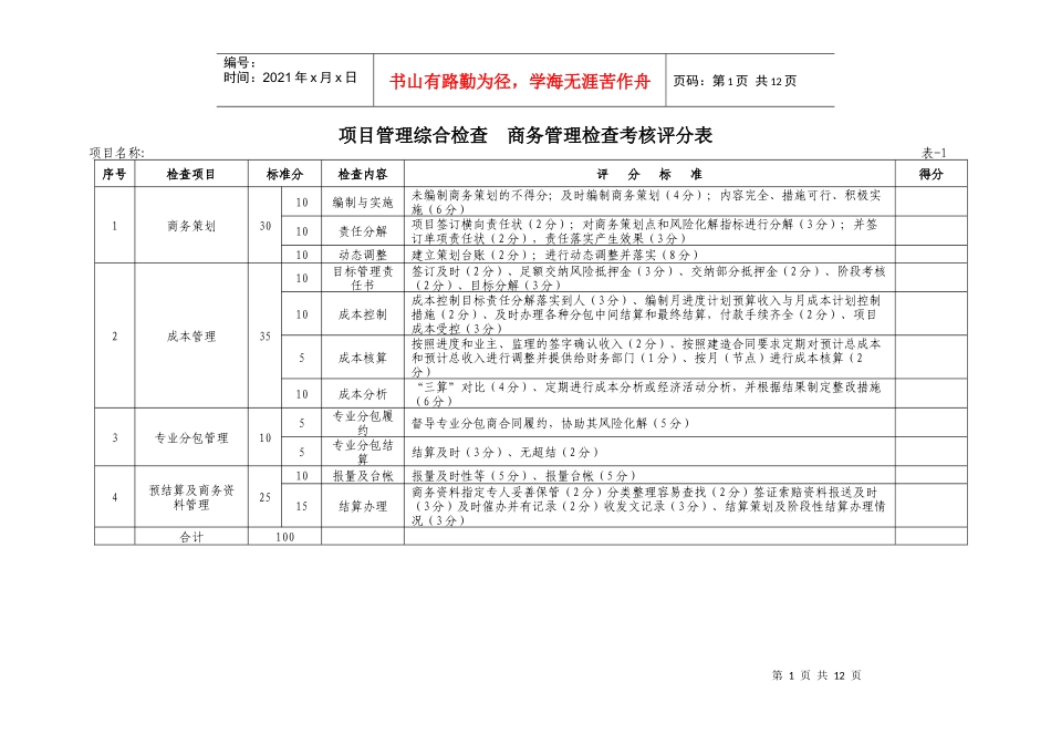 项目管理检查考核评分表_第1页
