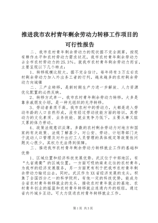 推进我市农村青年剩余劳动力转移工作项目的可行性报告1 