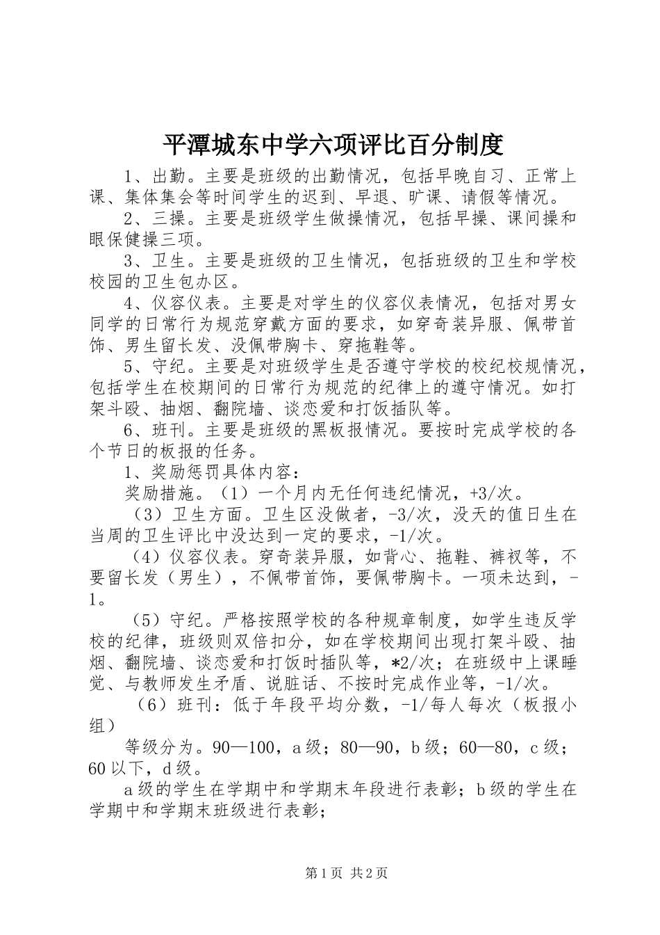 平潭城东中学六项评比百分规章制度_第1页