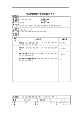 无线网络维护管理岗位说明书