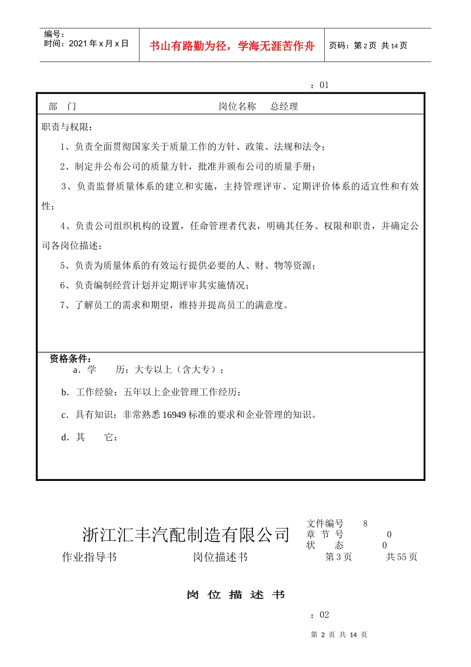 汽配制造各部门岗位描述书_第2页