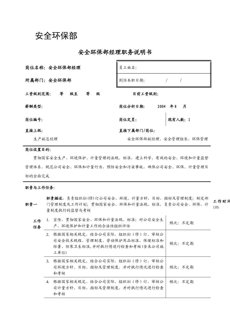 某公司安全环保部经理职务说明书_第1页